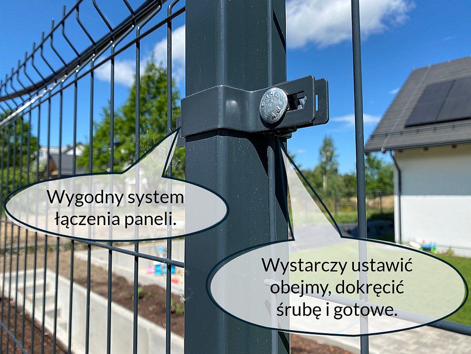 Element łączący panele ogrodzenia z siatki - zbliżenie.