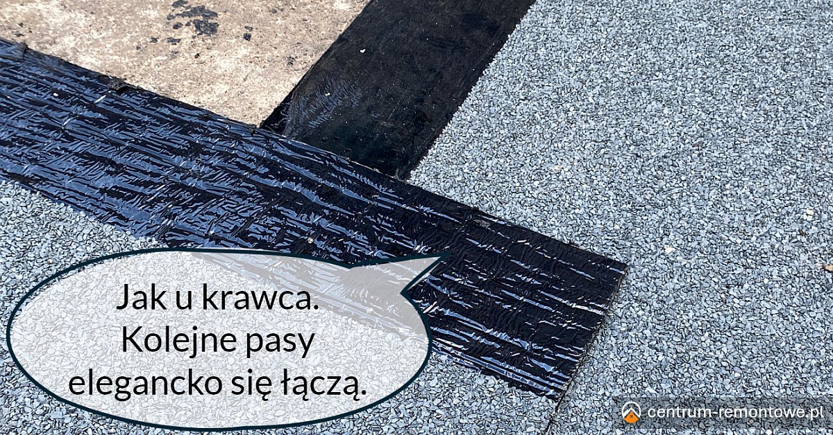 Układanie papy termozgrzewalnej - widok ułożonych pasów.