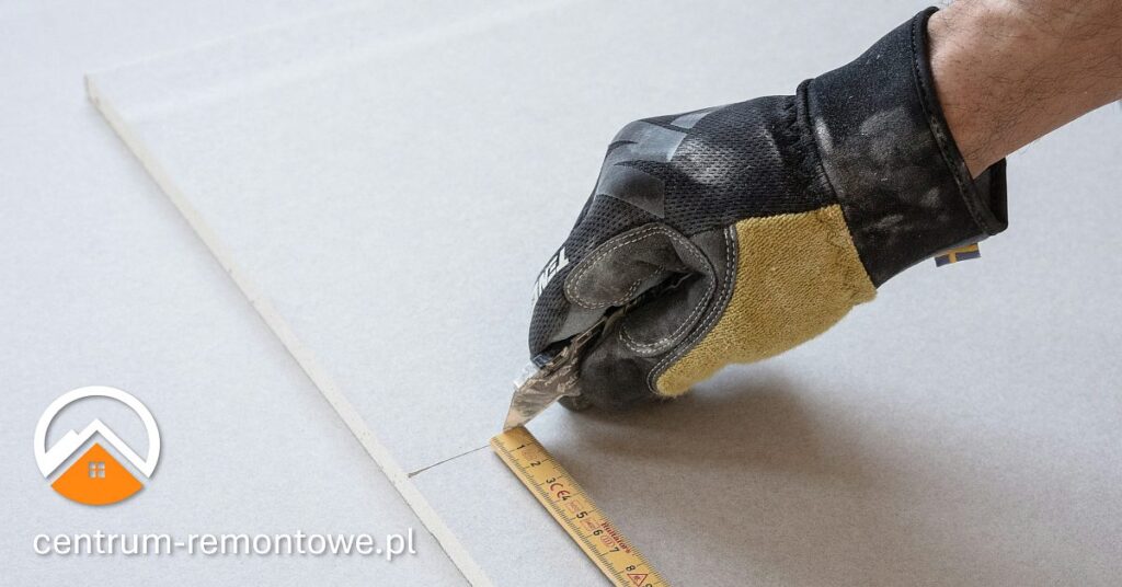 ręka w rękawicy tnąca nożem płyty gipsowo-kartonowe